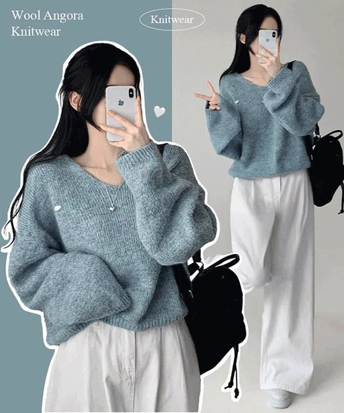 바닐라 아방 오버핏 펜던트 보카시 울 앙고라 브이넥 벌룬 긴팔 니트 5color